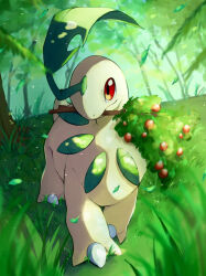 Rule 34 | all fours, bayleef, berry, closed mouth, creatures (company), falling leaves, forest, game freak, gen 2 pokemon, grass, kou11021301, leaf, looking at viewer, nature, nintendo, on grass, outdoors, pokemon, pokemon (creature), red eyes, stick, tree, walking