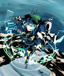 Rule 34 | 1girl, antennae, blue dress, blue eyes, blue hair, dress, female focus, fingerless gloves, gloves, hat, heads-up display, highres, holographic interface, holographic monitor, irue, kawashiro nitori, matching hair/eyes, mechanical arms, mechanization, single mechanical arm, solo, touhou, twintails, two side up