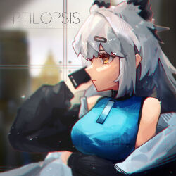 Rule 34 | 1girl, absurdres, ambience synesthesia, arknights, bare shoulders, black jacket, blue shirt, breasts, character name, grey hair, hair ornament, hairclip, highres, huajiaohaibao, jacket, long hair, medium breasts, off shoulder, official alternate costume, open clothes, open jacket, ptilopsis (arknights), shirt, solo, upper body, yellow eyes