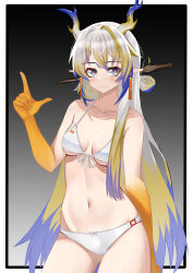 Rule 34 | 1girl, absurdres, alternate costume, arknights, arm behind back, bikini, black background, blonde hair, blue hair, blue horns, border, breasts, chinese commentary, closed mouth, collarbone, colored extremities, commentary request, contrapposto, cowboy shot, dragon girl, dragon horns, earrings, gradient background, grey background, grey eyes, grey horns, groin, hair intakes, hand up, highres, horns, index finger raised, jewelry, long hair, medium breasts, multicolored hair, muusn, navel, necklace, outside border, pink pupils, pointy ears, shu (arknights), smile, solo, split mouth, standing, stomach, swimsuit, white bikini, white border, white hair, yellow horns