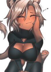 Rule 34 | 1girl, absurdres, animal ears, animal hands, blurry, blurry background, breasts, brown hair, cipher4109, cleavage cutout, closed eyes, clothing cutout, dark-skinned female, dark skin, highres, kneeling, large breasts, petting, purring, sansin jin, scar, scar on face, smile, tail, virtual youtuber, white background, white hair