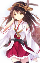 Rule 34 | 10s, 1girl, bad id, bad pixiv id, black hair, detached sleeves, hairband, haruna (kancolle), japanese clothes, kantai collection, long hair, looking at viewer, machinery, nontraditional miko, nunucco, personification, smile, solo, thighhighs, wide sleeves, yellow eyes