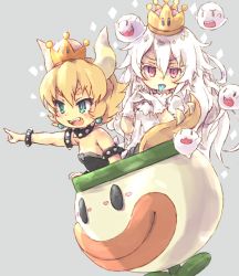 Rule 34 | 2girls, :d, aged down, bare shoulders, black dress, blonde hair, blue eyes, blush, boo (mario), bowsette, bracelet, brooch, collar, commentary request, crown, dress, earrings, fang, gloves, hair between eyes, horns, jewelry, kolshica, long hair, looking at viewer, luigi&#039;s mansion, mario (series), multiple girls, multiple riders, new super mario bros. u deluxe, nintendo, open mouth, pointing, princess king boo, purple eyes, sharp teeth, short hair, simple background, smile, spiked bracelet, spiked collar, spikes, super crown, teeth, tongue, tongue out, white dress, white gloves, white hair