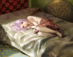 Rule 34 | 1girl, barefoot, bed, bedroom, feet, fetal position, flat chest, gasai yuno, indoors, long hair, lxz198908, lying, mirai nikki, on side, pink eyes, pink hair, skirt, smile, solo, topless