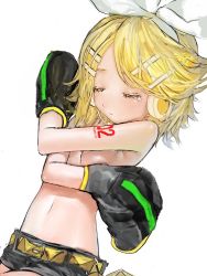 Rule 34 | 1girl, belt, black shorts, blonde hair, breasts, covering privates, covering breasts, detached sleeves, closed eyes, hair ornament, hairband, hairclip, headset, kagamine rin, korpokkur kne, medium hair, microphone, navel, ribbon, shadow, shorts, simple background, small breasts, solo, tears, topless, vocaloid, white background, white hairband, white ribbon, yellow belt