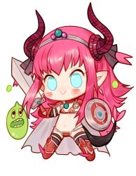 Rule 34 | 1girl, :&gt;, armor, bikini armor, black thighhighs, blue eyes, blush, chibi, closed mouth, crossover, dragon horns, dragon tail, earrings, elizabeth bathory (brave) (fate), elizabeth bathory (fate), fate/grand order, fate (series), full body, gauntlets, hairband, holding, holding shield, holding sword, holding weapon, horns, jewelry, long hair, pink hair, pointy ears, red footwear, rosette (yankaixuan), shield, simple background, slime (dragon quest), smile, solo, spiked boots, sword, tail, thighhighs, weapon, white background