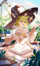 Rule 34 | 1girl, absurdres, bare legs, barefoot, bird, blush, book, brown hat, commentary, detached sleeves, dress, duck, duohelengshuiba, full body, green hair, hair between eyes, hair ornament, hat, highres, indian style, letter, long sleeves, looking away, open book, open mouth, orange dress, original, paper, plant, puffy long sleeves, puffy sleeves, red eyes, short hair, sitting, smile, solo, witch hat
