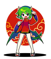 Rule 34 | 1girl, absurdres, bike shorts, black eyes, black shorts, blush, china dress, chinese clothes, draco centauros, dragon girl, dragon horns, dragon tail, dragon wings, dress, fang, full body, green hair, highres, horns, long sleeves, offbeat, open mouth, puyopuyo, red dress, sandals, shorts, smile, solo, tail, wings