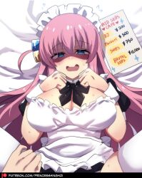 Rule 34 | 1girl, alternate costume, blue eyes, blush, bocchi the rock!, breasts, gotoh hitori, highres, hinghoi, large breasts, lying, maid, maid headdress, on back, pink hair, shaded face, side ahoge, sweatdrop, thighhighs, wrist cuffs