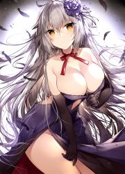 Rule 34 | 1girl, backlighting, bare shoulders, black feathers, black gloves, breasts, brown eyes, cleavage, collarbone, dress, elbow gloves, fate/grand order, fate (series), feathers, flower, gloves, grey hair, groin, hair flower, hair ornament, highres, jeanne d&#039;arc (fate), jeanne d&#039;arc alter (avenger) (fate), jeanne d&#039;arc alter (avenger) (third ascension) (fate), jeanne d&#039;arc alter (fate), large breasts, leaning forward, long hair, looking at viewer, official alternate costume, parted lips, purple dress, purple flower, solo, sora 72-iro, strapless, strapless dress, very long hair