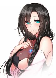 Rule 34 | 1girl, bare shoulders, black hair, blue eyes, blush, braid, breasts, cleavage, closed mouth, hand up, jewelry, konshin, large breasts, long hair, long sleeves, looking at viewer, necklace, original, simple background, smile, solo, underboob, upper body, white background