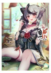 Rule 34 | 1girl, ahoge, asymmetrical hair, black choker, black hair, blush, bow, braid, breasts, calligraphy brush, chest sarashi, choker, cleavage, commentary, eyeshadow, fang, feet out of frame, flower knot, french braid, hair bow, hair bun, highres, holding, holding brush, holding paper, hololive, japanese clothes, kimono, lion dance, looking at viewer, makeup, medium breasts, medium hair, motion blur, multicolored hair, nail polish, new year, obi, obijime, off shoulder, official alternate costume, open door, open mouth, paintbrush, paper, petals, red eyes, red nails, sakamata chloe, sakamata chloe (new year), sarashi, sash, seigaiha, shishimai, side bun, silver hair, single braid, single hair bun, single side bun, sitting, sliding doors, smile, solo, soyoghi, streaked hair, teeth, thigh strap, thighs, two-tone hair, upper teeth only, virtual youtuber, white kimono