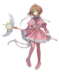 Rule 34 | 1girl, antenna hair, boots, brown hair, cardcaptor sakura, closed mouth, dango (uni 520), dress, full body, gloves, green eyes, hat, highres, holding, holding staff, kinomoto sakura, looking at viewer, magical girl, short hair, smile, solo, staff, thigh boots, thighhighs, wings