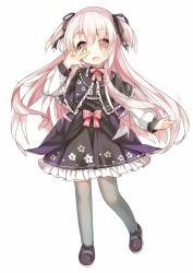 Rule 34 | 1girl, alternate costume, arm up, black footwear, black ribbon, black skirt, blush, bow, braid, brown eyes, capelet, eyebrows, fang, floral print, french braid, frilled skirt, frills, grey thighhighs, long hair, long sleeves, open mouth, pink bow, pink hair, pink ribbon, ribbon, shimakaze (warship girls r), shirt, shoes, short twintails, skirt, solo, standing, standing on one leg, tengxiang lingnai, thighhighs, twintails, two side up, v, warship girls r, wavy hair, white background, white shirt
