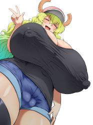 Rule 34 | 1girl, absurdres, aqua hair, blonde hair, breasts, cameltoe, cleavage, cleft of venus, covered erect nipples, curvy, closed eyes, fat mons, female focus, from below, gigantic breasts, gradient hair, green hair, hat, henriiku (ahemaru), highres, horns, kobayashi-san chi no maidragon, long hair, lucoa (maidragon), multicolored hair, open mouth, shorts, smile, solo, thick thighs, thighs, two-tone hair, wide hips