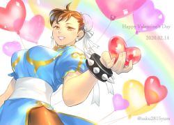 Rule 34 | 1girl, 2020, balloon, blue dress, bracelet, breasts, brown eyes, brown hair, brown pantyhose, bun cover, capcom, china dress, chinese clothes, chun-li, commentary, double bun, dress, earrings, hair bun, happy valentine, heart balloon, jewelry, large breasts, lipstick, looking at viewer, makeup, pantyhose, pelvic curtain, puffy short sleeves, puffy sleeves, sash, short sleeves, side slit, smile, solo, spiked bracelet, spikes, street fighter, street fighter ii (series), symbol-only commentary, tombsakura, twitter username