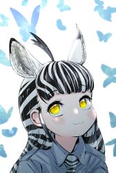 Rule 34 | 1girl, absurdres, ahoge, akegata tobari, animal, animal ears, animal print, black hair, blouse, blush, bug, butterfly, closed mouth, collared shirt, commentary request, extra ears, grey shirt, highres, huge filesize, insect, kemono friends, kemono friends 3, long hair, looking at viewer, multicolored hair, necktie, plains zebra (kemono friends), portrait, print necktie, print neckwear, shirt, sidelocks, smile, solo, two-tone hair, white hair, wing collar, yellow eyes, zebra ears, zebra print