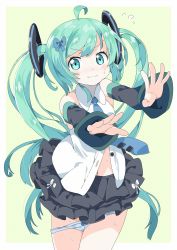 Rule 34 | 1girl, ahoge, black skirt, black sleeves, blue bow, blue necktie, blue panties, blush, bow, bow panties, closed mouth, collared shirt, commentary request, detached sleeves, dress shirt, green background, green eyes, green hair, hair bow, hair ornament, hatsune miku, highres, layered skirt, long hair, looking at viewer, md5 mismatch, navel, necktie, nose blush, panties, panty pull, pleated skirt, resolution mismatch, shirt, skirt, sleeveless, sleeveless shirt, sleeves past wrists, solo, source smaller, tantan men (dragon), tie clip, twintails, two-tone background, underwear, very long hair, vocaloid, white background, white shirt