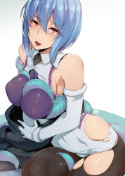 Rule 34 | 1girl, blue hair, blush, breasts, breasts squeezed together, covered erect nipples, covered navel, gloves, gradient background, kurowa, large breasts, marguerite (unlight), naughty face, pantyhose, red eyes, short hair, solo focus, tentacles, torn clothes, torn legwear, unlight