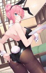 Rule 34 | 1girl, absurdres, animal ears, ass, blue eyes, blurry, blurry background, blush, breasts, cake, cake slice, character request, embarrassed, fake animal ears, food, hair bun, hand on own ass, highres, large breasts, leotard, looking back, p-san (sansin), pink hair, playboy bunny, pointy ears, rabbit ears, tray