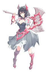 Rule 34 | 1girl, apple, arm up, armored boots, axe, battle axe, black hair, boots, bow, bowtie, breasts, cleavage, covered navel, dress, food, fruit, full body, grey dress, grey eyes, hair bow, highres, holding, holding axe, holding food, holding fruit, horns, knee boots, looking at viewer, medium breasts, original, over shoulder, parted lips, ronopu, short hair, short sleeves, simple background, smile, solo, weapon, weapon over shoulder, white background