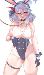 Rule 34 | 1girl, ako (blue archive), animal ears, bad id, bad pixiv id, bare shoulders, bell, black gloves, blue archive, blue eyes, blue hair, blush, breasts, collar, covered navel, cowboy shot, fake animal ears, gloves, gluteal fold, hair between eyes, hair ribbon, halo, heavy breathing, highleg, highleg leotard, highres, large breasts, leotard, long hair, looking at viewer, open mouth, playboy bunny, rabbit ears, revision, ribbon, simple background, skindentation, solo, standing, sweat, tears, thick thighs, thigh strap, thighs, wakura (gcdan), white background