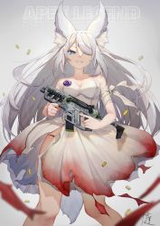 Rule 34 | 1girl, absurdres, animal ears, apex legends, badge, bandaged arm, bandages, blue eyes, breasts, cleavage, collarbone, copyright name, dress, floating hair, foregrip, fox ears, fox tail, grey hair, gun, hair over one eye, highres, holding, holding gun, holding weapon, illian-san, medium breasts, original, r-99 smg, smile, submachine gun, tail, torn clothes, torn dress, trigger discipline, weapon, white dress