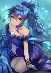 Rule 34 | 1girl, absurdres, bare shoulders, blue dress, blue hair, breasts, dress, duel monster, full body, gloves, green eyes, hair between eyes, hair ornament, highres, kanzakietc, large breasts, long hair, marincess springirl, medium breasts, off-shoulder dress, off shoulder, ponytail, see-through gloves, smile, solo, underwater, yu-gi-oh!