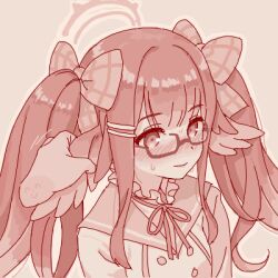 Rule 34 | 1girl, blue archive, blunt bangs, blush, bow, disembodied hand, glasses, grabbing another&#039;s wing, hair bow, hair ornament, hairclip, halo, head wings, long hair, looking ahead, lowres, maibotsumou, monochrome, multiple hair bows, neck ribbon, nose blush, oekaki, red theme, ribbon, sailor collar, shimiko (blue archive), shirt, simple background, solo, sweat, twintails, upper body, wings