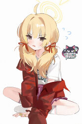 Rule 34 | 1girl, ahoge, blonde hair, blue archive, blush, flying sweatdrops, halo, highres, jacket, long hair, long sleeves, looking at viewer, measho, official alternate costume, open clothes, open jacket, open mouth, pink skirt, pleated skirt, red jacket, shirt, short sleeves, simple background, skirt, socks, solo, white background, white shirt, white socks, yellow eyes, yellow halo, yoshimi (band) (blue archive), yoshimi (blue archive)