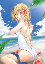 Rule 34 | 1girl, :d, ahoge, alternate costume, alternate hairstyle, armpits, artoria pendragon (all), artoria pendragon (fate), ass, back, barefoot, beach, blonde hair, blue nails, blurry, breasts, casual one-piece swimsuit, cloud, cross-laced clothes, day, depth of field, fate/stay night, fate (series), flower, from side, green eyes, hair between eyes, hair down, hair flower, hair ornament, halterneck, hand on own cheek, hand on own face, hand up, hibiscus, leaf, leotard, looking at viewer, looking back, medium breasts, minami-n, nail polish, ocean, on ground, one-piece swimsuit, open mouth, outdoors, raised eyebrows, saber (fate), sitting, sky, smile, soles, solo, spread legs, summer, swimsuit, wariza, water, water drop, wet, wet hair, white one-piece swimsuit
