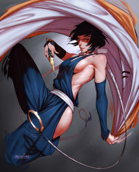 Rule 34 | 1girl, absurdres, armpits, artist name, black hair, bleach, breasts, detached sleeves, grey background, haori, highres, hip vent, japanese clothes, long hair, looking at viewer, medium breasts, shaded face, sideboob, solo, sui-feng, valentina tavolilla