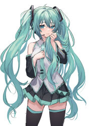 Rule 34 | 1girl, ahoge, black skirt, black sleeves, black thighhighs, blue eyes, breasts, closed mouth, collared shirt, commentary request, green hair, green necktie, grey shirt, hair between eyes, hatsune miku, highres, long hair, long sleeves, looking at viewer, necktie, pleated skirt, shirt, simple background, skirt, sleeveless, sleeveless shirt, small breasts, solo, ten-chan (eternal s), thighhighs, tie clip, twintails, very long hair, vocaloid, white background, wide sleeves