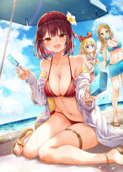 Rule 34 | 3girls, alt (ctrldel), anklet, atelier (series), atelier firis, atelier sophie, beach, bikini, blonde hair, blue bikini, blue eyes, blush, bow, braid, breasts, brown eyes, cloud, cloudy sky, collarbone, commentary request, day, firis mistlud, flat chest, flower, food, food in mouth, green eyes, hair between eyes, hair bow, hair flower, hair ornament, highres, holding, holding food, ilmeria von leinweber, innertube, jacket, jewelry, large breasts, light particles, long hair, looking at viewer, medium breasts, multiple girls, navel, ocean, off shoulder, one-piece swimsuit, open clothes, open jacket, open mouth, outdoors, parasol, parted bangs, popsicle, red bikini, red hair, sandals, short hair, sidelocks, single braid, sitting, sky, smile, sophie neuenmuller, swim ring, swimsuit, thigh strap, umbrella, wariza, white jacket, white one-piece swimsuit