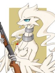 Rule 34 | animal focus, blue eyes, claws, closed mouth, collar, colored sclera, commentary, creatures (company), dragon, english commentary, frown, game freak, gen 5 pokemon, gun, highres, holding, holding gun, holding weapon, legendary pokemon, looking away, looking to the side, nintendo, no humans, pokemon, pokemon (creature), pump action, reshiram, shotgun, shotgun shell, sigh, simple background, slit pupils, solo, upper body, velka, weapon, white background, yellow background