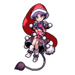 Rule 34 | 1girl, :3, blob, blue hair, book, boots, brown eyes, commentary request, crossed legs, doremy sweet, dream soul, dress, flying, full body, hat, holding, looking at viewer, lowres, nightcap, outstretched arm, parted bangs, pixel art, pom pom (clothes), red hat, sitting, smile, solo, tail, takoyaki neko-san, tapir tail, touhou, transparent background