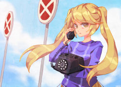Rule 34 | 1girl, alternate hairstyle, blonde hair, cloud, corded phone, expressionless, holding, long hair, looking at viewer, outdoors, phone, road closed sign, road closed to all sign, road sign, saban, sign, sky, solo, stop sign, sweater, tagme, talking on phone, twintails, upper body, urotsuki, very long hair, yellow eyes, yume 2kki
