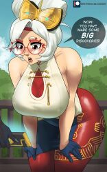 Rule 34 | 1girl, absurdres, adapted costume, bare shoulders, breasts, collarbone, double bun, echo saber, english text, eyeshadow, eyewear on head, glasses, gloves, hair bun, hair ornament, hair stick, highres, large breasts, link, looking at viewer, makeup, nintendo, official alternate costume, official alternate hairstyle, open mouth, pantyhose, purah, red-framed eyewear, red eyes, red eyeshadow, red pantyhose, round eyewear, sheikah, solo, the legend of zelda, the legend of zelda: tears of the kingdom, thick thighs, thighs, white hair, wide hips