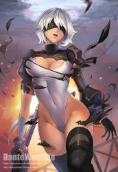 Rule 34 | 1girl, artist name, black gloves, black thighhighs, blindfold, breasts, cleavage, cleavage cutout, clothing cutout, covered navel, dantewontdie, gloves, hairband, high heels, highres, leotard, medium breasts, mole, mole under mouth, multicolored clothes, multicolored gloves, nier (series), nier:automata, open mouth, short hair, skindentation, skirt, unworn skirt, solo, thighhighs, thighs, torn clothes, torn gloves, torn leotard, watermark, web address, white gloves, white hair, white leotard, 2b (nier:automata)