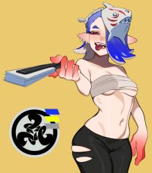 Rule 34 | 1girl, absurdres, blue hair, breasts, colored extremities, earrings, fangs, hand fan, highres, jewelry, mask, medium breasts, nintendo, no nails, octoling player character, one eye covered, pants, piercing, porqueloin, red hair, red hands, redness, shiver (splatoon), short hair, splatoon (series), splatoon 3, tongue, tongue out, tooth earrings