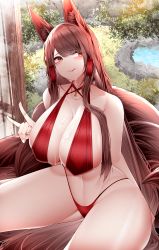 Rule 34 | 1girl, :p, absurdres, akagi (azur lane), animal ears, azur lane, bikini, blush, breasts, brown hair, bush, cleavage, collarbone, cum, cum in mouth, cum on body, cum on breasts, cum on upper body, hair tubes, highres, huge breasts, large breasts, licking lips, looking at viewer, navel, pond, red bikini, rock, samip, sidelocks, sitting, solo, swimsuit, tail, thighs, tongue, tongue out