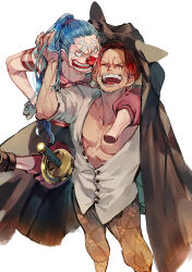 Rule 34 | 2boys, amputee, bare pectorals, black cape, blue eyes, blue hair, buggy the clown, cape, closed eyes, clown nose, devil fruit power, facial hair, facial tattoo, hair tie, highres, laughing, leg hair, long hair, male focus, mochika, multiple boys, one piece, open mouth, pants, pectorals, ponytail, print pants, red hair, red lips, red nose, scar, scar across eye, scar on face, shanks (one piece), shirt, short hair, simple background, skull and crossbones tattoo, smile, striped clothes, striped shirt, sword, tattoo, teeth, unbuttoned, unbuttoned shirt, weapon, white background, white shirt