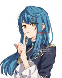 Rule 34 | 1boy, alternate hair length, alternate hairstyle, blue hair, closed mouth, dated, finger to mouth, frilled sleeves, frills, genshin impact, highres, index finger raised, long hair, long sleeves, looking at viewer, male focus, ojo aa, orange eyes, signature, simple background, solo, trap, upper body, watermark, white background, xingqiu (genshin impact)