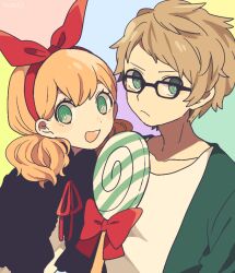Rule 34 | 1boy, 1girl, :d, black-framed eyewear, black dress, blonde hair, bow, candy, casual, collarbone, dress, food, frown, glasses, green eyes, green shirt, hair bow, hairband, light blush, light brown hair, lollipop, looking at viewer, looking away, low twintails, maco22, medium hair, multicolored background, neck ribbon, open mouth, original, oversized food, oversized object, red bow, red hairband, red ribbon, ribbon, shirt, short hair, short twintails, smile, swirl lollipop, t-shirt, twintails, upper body, white shirt
