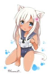 Rule 34 | 10s, 1girl, :o, animal ears, blue eyes, cat ears, cat tail, flower, fuuna, hair flower, hair ornament, kantai collection, kemonomimi mode, long hair, looking at viewer, ro-500 (kancolle), school uniform, silver hair, solo, swimsuit, swimsuit under clothes, tail, tan, twitter username