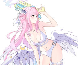 Rule 34 | 1girl, bikini, blue archive, blush, breasts, cleavage, feathered wings, flower, gradient hair, hair bun, hair flower, hair ornament, halo, highres, holding, large breasts, long hair, low wings, mika (blue archive), minj kim, multicolored hair, o-ring, o-ring bikini, orange eyes, parted lips, pink hair, pinky out, purple flower, simple background, single side bun, solo, swimsuit, thigh strap, very long hair, water gun, white background, white bikini, white wings, wing ornament, wings