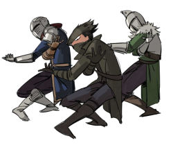 Rule 34 | 3boys, armor, assassin&#039;s creed (series), bearer of the curse, bloodborne, boots, breastplate, brown footwear, chosen undead, coat, covered mouth, crossover, dancing, dark souls (series), dark souls i, dark souls ii, fur trim, gauntlets, hat, helmet, hunter (bloodborne), jojo no kimyou na bouken, male focus, mask, mouth mask, multiple boys, open clothes, open coat, parody, ruukii drift, simple background, standing, tricorne, vento aureo, waist cape, white background