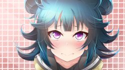 Rule 34 | 1girl, 3:, alternate hairstyle, blue hair, blush, closed mouth, collarbone, double bun, furrowed brow, hair between eyes, love live!, love live! sunshine!!, messy hair, purple eyes, school uniform, serafuku, shimizu yuu, solo, sunlight, tears, tile wall, tiles, tsushima yoshiko, upper body, uranohoshi school uniform