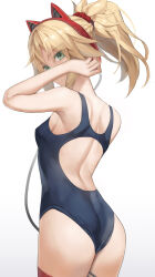 Rule 34 | 1girl, absurdres, animal ear headphones, animal ears, ass, back, bare shoulders, blonde hair, blue one-piece swimsuit, braid, breasts, cat ear headphones, commentary request, fake animal ears, fate/apocrypha, fate (series), french braid, green eyes, hair ornament, hair scrunchie, headphones, highres, long hair, looking at viewer, looking back, mordred (fate), mordred (fate/apocrypha), one-piece swimsuit, parted bangs, ponytail, scrunchie, sidelocks, small breasts, solo, swimsuit, tonee