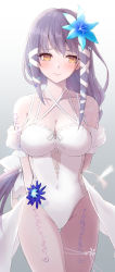 Rule 34 | 1girl, arms behind back, blue flower, blush, bow, breasts, clair lasbard, cleavage, closed mouth, collarbone, cowboy shot, flower, gradient background, grey background, grey hair, hair bow, hair flower, hair ornament, hair ribbon, highres, long hair, looking at viewer, low-tied long hair, official alternate costume, one-piece swimsuit, ribbon, simple background, solo, standing, star ocean, star ocean anamnesis, star ocean till the end of time, swimsuit, tattoo, tress ribbon, white bow, white one-piece swimsuit, white ribbon, whitel (zou tukasaki), yellow eyes